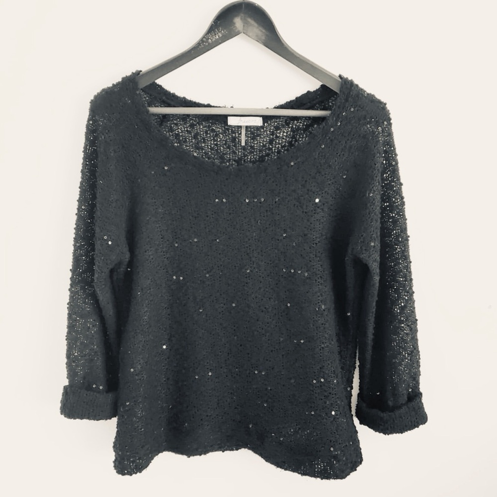 Freebird Sequin Mesh Sweater Top Black XL